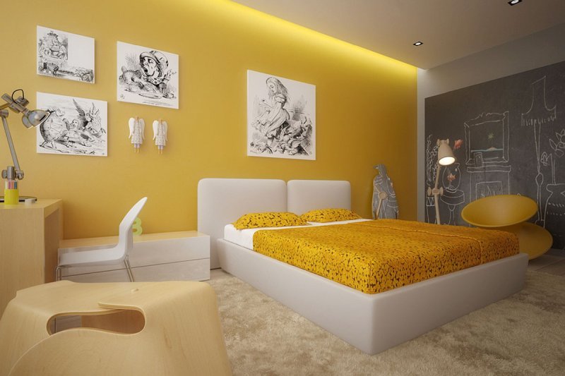 camera-da-letto-moderna-colore-giallo-arredo-bianco