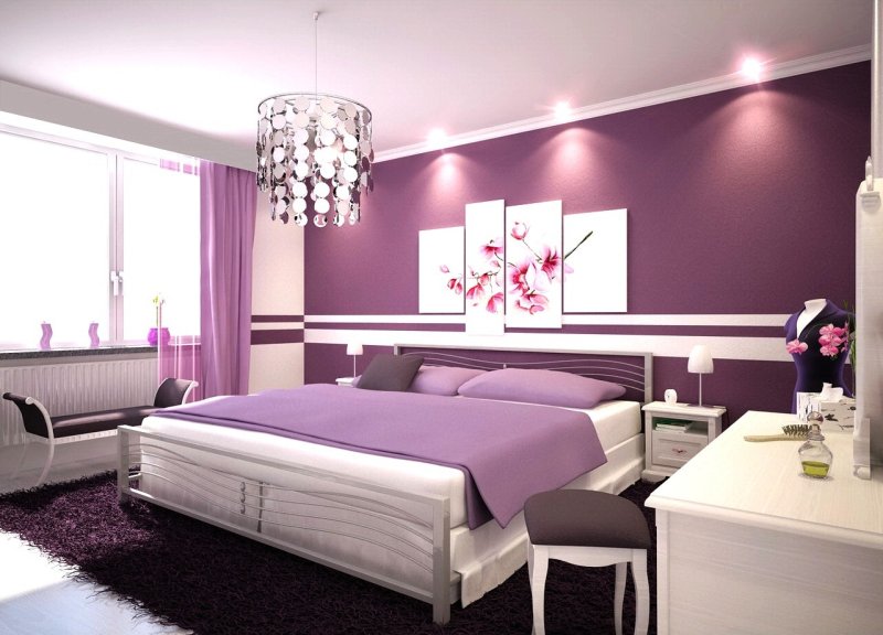 camera-da-letto-moderna-colore-viola-arredo-bianco