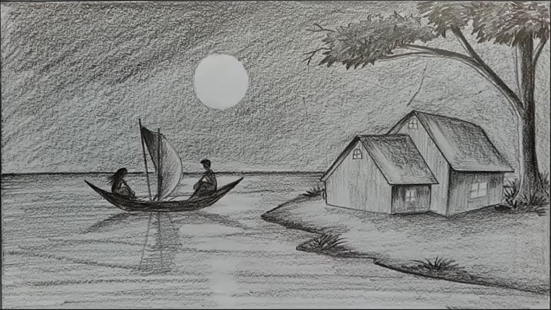 disegno-a-matita-natura-barca-lago-casa